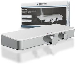 Set de robinet termostatic pentru duș Schuette 60535 Ocean, robinet robinet de protecție la opărire la 38 de grade, robinet de duș baterie monocomandă cu raft din sticlă securizată, alb